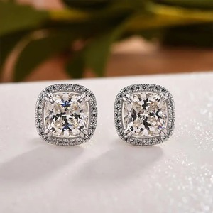 925 Moissanite 2.5 Carat Cushion Cut Sparkle Halo Trendy Women's <b>Stud</b> Earrings Sterling <b>Silver</b> White Gold Plated - Product Image 2