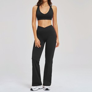 New Arrival Lightweight 2 Piece Sports Suit High Support Bra V Waist Pockets Flared <b>Pants</b> Active Wear Women Yoga Set - Product Image 1