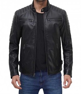 High Street Style Coated Windproof Cow Skin Leather Varsity <b>Jacket</b> Stand Collar Front Fashionable Sustainable for Autumn Men - Product Image 5