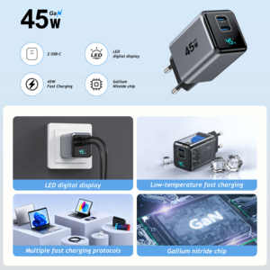 Chargeur mural KYT 45W GaN avec écran numérique - Compact avec une charge haute efficacité pour <span class=keywords><strong>iPhone</strong></span> et Samsung et ordinateur portable - Product Image 4