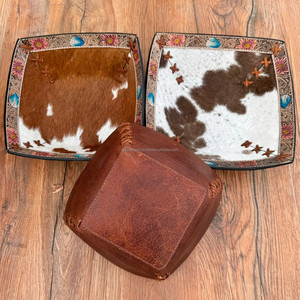 Genuine Hair on Cowhide Tooled Leather Bowl 3 <b>Sets</b> Western Tray Floral Leather Whipstitch Bowl Luxurious Valet Tray Wedding Gift - Product Image 2