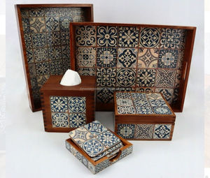 Bandeja de madera MDF esmaltada Art Deco con asas de madera de bambú para servir frutas, café, té, desayuno, alimentos en bodas y fiestas - Product Image 5