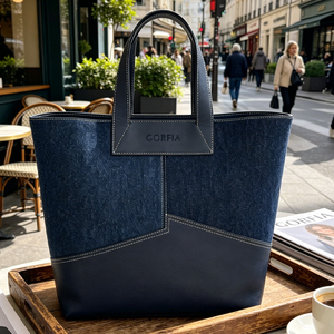Bolso Tote de Mezclilla de Gran Capacidad para Mujer, Bolso de Mano de Tela Vaquera Azul Oscuro con Ribete de Cuero Vegano, Bolso de Hombro - Product Image 5