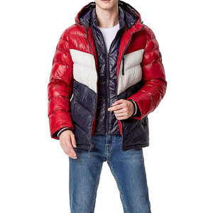 Men's Red Navy <b>White</b> Color Blocking Hooded <b>Puffer</b> <b>Jacket</b> Zipper Front Windproof Down Filled Casual Winter Wear - Product Image 1