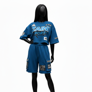 ชุดเสื้อยืดและกางเกงขาสั้นผ้าฝ้ายฟลีซคุณภาพสูงสำหรับผู้หญิง น้ำหนัก 240 กรัม ผ้าเรียบ สีน้ำเงิน รับสกรีนโลโก้ ชุดกีฬาสำหรับผู้หญิง - Product Image 4