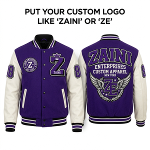 เสื้อแจ็คเก็ตวาร์ซิตี้ ZAINI ZE-062 สำหรับผู้ชาย ผ้ากันลมเนื้อแน่น สำหรับฤดูใบไม้ร่วง สไตล์ไฮสตรีท ผสมขนสัตว์ 800 GSM แขนหนัง PU 520 GSM  ตกแต่งสีม่วง - Product Image 1