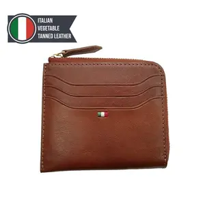 [OEM] Castello italiano cuero curtido vegetal minimalista Unisex en forma de L YKK cremallera tarjeta cartera bandera bordado negro marrón