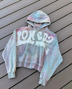 Sudadera con capucha y cremallera completa para hombre CARE MASTER, estilo streetwear, con estampado vintage, rasgaduras, logo bordado, mangas con cremallera, corte holgado y lavado. - Product Image 4