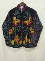Blouson Bomber en Velours Suzani Broderie Florale Tricotée Col Montant Manches Longues Respirant Coupe-Vent Hiver Automne Femme