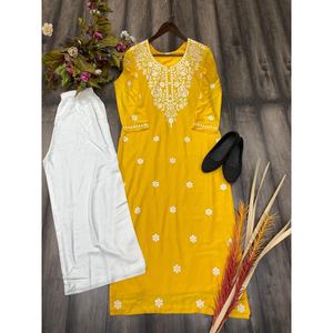 DISEÑADOR RAYON ALGODÓN BORDADO TRABAJO KURTI CON PALAZZO MOSTAZA - Product Image 3