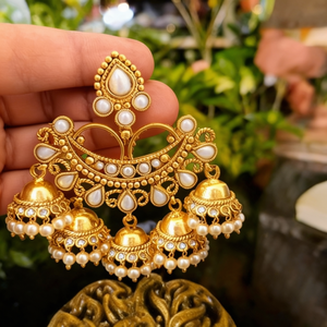 Chandbali Designer Chandelier <b>Earrings</b> with <b>Pearl</b> <b>and</b> <b>Diamond</b> Tassel Jhumka Gungurus - Product Image 3