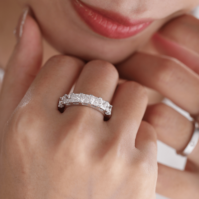 New Arrival 4mm Princess Cut Lab Grown Diamond 14K White Gold Ring Luxury 7-Stone Half Eternity Statement Princess Wedding band