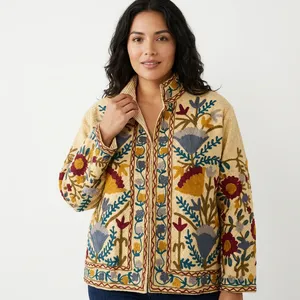 Floral Embroidered Sequin Knitted Eco-friendly Cotton Jacket Double Breasted <b>Zipper</b> Closure Stand Collar Full Sleeve 240g Quick - Product Image 2