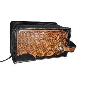 Sac de toilette vintage en cuir véritable de qualité supérieure, couleur unie, fermeture à glissière, motif floral brodé, sac à main pour femme, usage quotidien - Product Image 1