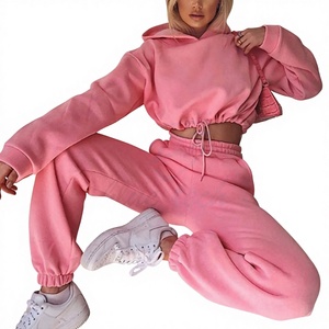 Ensemble de survêtement personnalisé pour femme en molleton de coton rose uni, avec pantalon et sweat à capuche court, deux pièces, style streetwear, OEM - Product Image 1