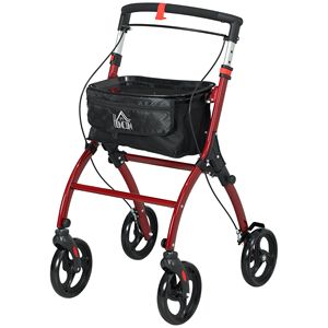 Deambulatore Regolabile in Altezza per Anziani con Doppio Freno, Ruote e Vano Portaoggetti, Leggero, Rosso - Product Image 1