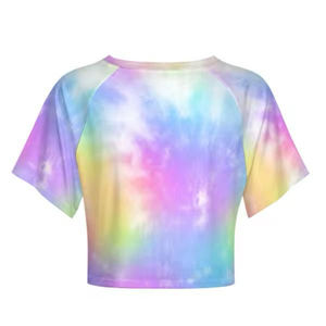 Women's Tie Dye Crop <b>Top</b> Short Sleeve <b>Raglan</b> O-Neck Knitted Tee Casual Summer Wear Breathable Polyester - Product Image 3