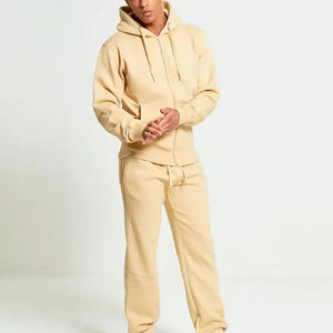 Ensemble sweat-shirt à capuche en molleton de coton beige pour homme, fermeture éclair, coupe classique, couleur unie, vêtements décontractés pour l'automne - Product Image 6