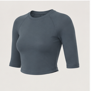Womens Slate Blue Crew Neck Raglan Three Quarter Sleeve <b>Cropped</b> Slim <b>Fit</b> <b>T</b> <b>Shirt</b> WTS-0112 - Product Image 3