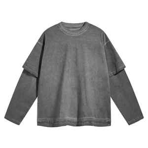 เสื้อยืดแขนยาวผู้ชายทรงโอเวอร์ไซส์ คอโอ สีพื้น ทรงลำลอง ความยาวปกติ - Product Image 2
