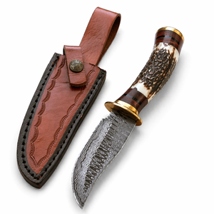 Couteau de camping miniature en acier Damas fait main avec manche en corne et étui en cuir - Lame biseautée - Cadeau pour la fête des pères - Product Image 1