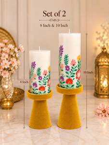 Yellow <b>Iron</b> Pillar Candle Holder Set of 2 <b>6</b> Inch 8 Inches Handmade Eco-Friendly Home Decoration for Christmas Special Occasions - Product Image 1