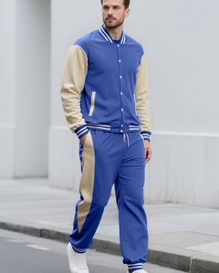 Men's Blue Beige Color Block Baseball Jacket & <b>Pants</b> Set Sporty Track Suit Autumn Wear Color-Block Patchwork Autumn/Winter - Product Image 1
