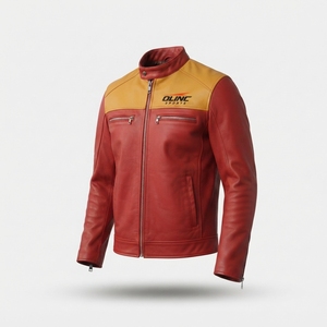 Custom Red Leather <b>Jacket</b> With Mustard Panels Men Moto Racing Style Genuine <b>Sheepskin</b> Outerwear OEM Factory olinc sports - Product Image 3