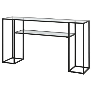 Bureau d'entrée contemporain en métal noir avec plateau en verre trempé, meuble de présentation étroit pour salon, étagère de rangement ouverte - Product Image 3