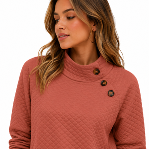 Wholesale <b>Quilted</b> Women Sweatshirts Asymmetrical Button Mock Neck Cotton Blend Casual Pullover Custom Logo Hoodies OEM ODM - Product Image 4