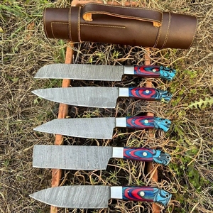 Juego de 5 Cuchillos de Chef de Acero de Damasco, Hechos a Mano, Grado Industrial, Hojas con Borde Biselado, Mango de Cuero, Garantía de 3 Años - Product Image 4