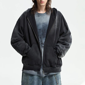 Custom Heavy <b>Weight</b> Double Zipper-up Hoodie Black Vintage Distressed Streetwear Acid Wash 400GSM Hoodie <b>Blank</b> Hoodies for Men - Product Image 4