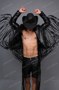 Blouson de motard en cuir à franges pour homme, noir, avec manches et dos en peau d'agneau, fermeture éclair asymétrique, taille cintrée, style western à pompons - Product Image 5