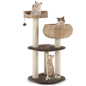 Arbre à chat en jacinthe d'eau tressé à la main de 41 pouces avec 3 poteaux à gratter en sisal, centre d'activités multi-niveaux pour chats, marron - Product Image 1