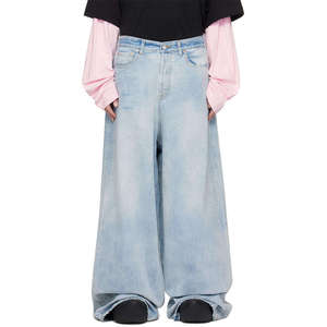 Jean droit pour homme, bleu clair, délavé, coupe décontractée, taille mi-haute, pantalon uni pour l'automne - Product Image 2