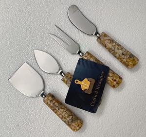 Ensemble de 4 couteaux à fromage uniques, manche en résine et pierre, acier inoxydable, pour fromage et pizza, au meilleur prix - Product Image 4