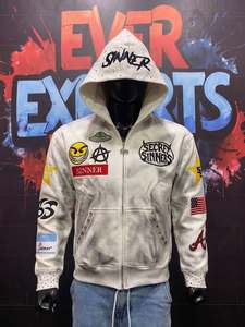Sudadera con capucha de hombre personalizada, estilo lavado, con cremallera completa, pedrería y rayas laterales estampadas, de gran tamaño, estilo Hip Hop Streetwear, chaqueta con cremallera, ¡la más vendida! - Product Image 6