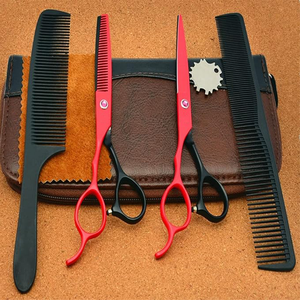 Professional Barber Salon <b>Kit</b> with Stainless Steel Blades Comb and Scissor Hairdressing Thinning Razor Beauty Red Handle - Product Image 2