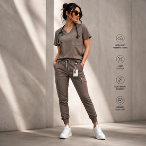 Conjunto de Uniforme Médico Premium Estilo Urbano, Ropa de Trabajo para Hospital, Blusa con Cuello en V y Pantalones Jogger, Tejido de Poliéster/Algodón - Product Image 1