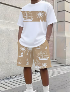 T-shirt d'été pour homme, blanc, imprimé voilier et palmiers, col rond, décontracté, respirant, tricoté, 100% coton, impression numérique, logo frontal - Product Image 4