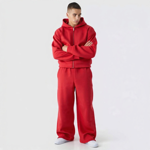 Chándal personalizado de color rojo, estilo holgado, con cremallera en las mangas, informal, de corte holgado, estilo urbano, unisex, 100% algodón. - Product Image 1