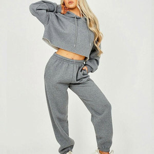 Custom Gray Solid Cropped <b>Sweat</b> Shirt Crop <b>Top</b> Hood and Trouzer Tracksuit 300gsm Lightweight Quick Dry for Women - Product Image 1