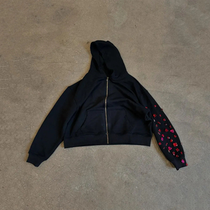 <b>Black</b> Cropped Hoodie With Rhinestone <b>Heart</b> Sleeve Regular Fit Unisex Casual Autumn Wear - Product Image 1