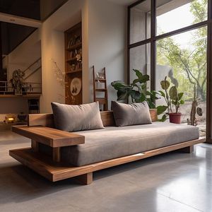 Low Platform Wooden <b>Sofa</b> with Extended Solid Wood Frame Deep Cushion Seating and Integrated Arm Surface - Product Image 1