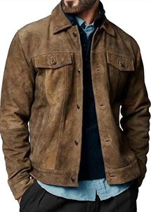 <b>Men's</b> Vintage <b>Suede</b> Leather Trucker <b>Jacket</b> Turn-down Collar Workwear Style Autumn Solid Color Button Closure Regular Fit - Product Image 4