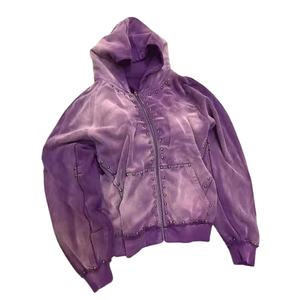 Custom Sun Faded Zipper French Terry Funcional Acid Wash 500gsm Hombres Zip up Rivet Heavyweight Rhinestone Sudadera con capucha para hombres 2026 - Product Image 2