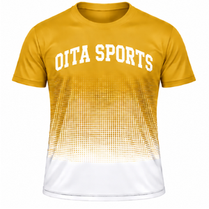 T-shirt de sport pour homme à manches courtes et col rond, imprimé par sublimation, dégradé jaune moutarde et blanc, personnalisable pour l'entraînement et la performance - Product Image 1