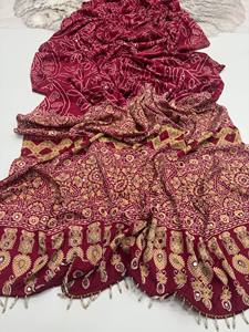 Elegant deep pink satin silk saree with unique prints rich pallu lace border and <b>designer</b> aari mirror work party wear attire - Product Image 5