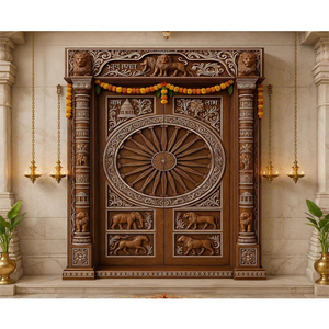 Porte de temple sur mesure en gros, porte de salle de prière indienne haut de gamme avec symbole Om, porte de salle de prière artisanale en teck Gaja Lakshmi - Product Image 6