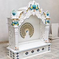Mandir de prière traditionnel de luxe en marbre de Makrana, sculpté à la main, au design architectural religieux |   Symbole Om rétroéclairé par LED au sol